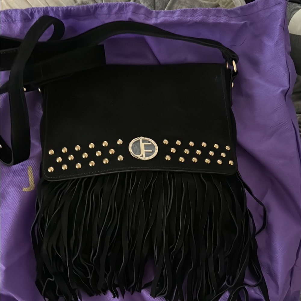Black Fringe Crossbody Bag with Gold Stud Detail